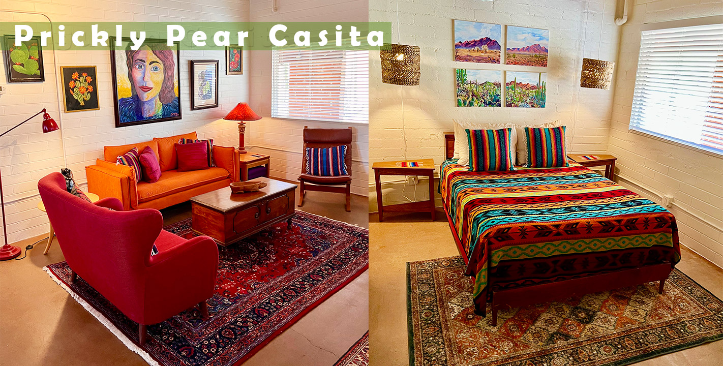 Bedroom and living room of the Prickly Pear Casita at Cat Mountain Station