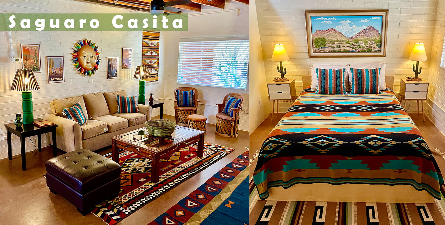 Bedroom and living room of the Saguaro Casita at Cat Mountain Station