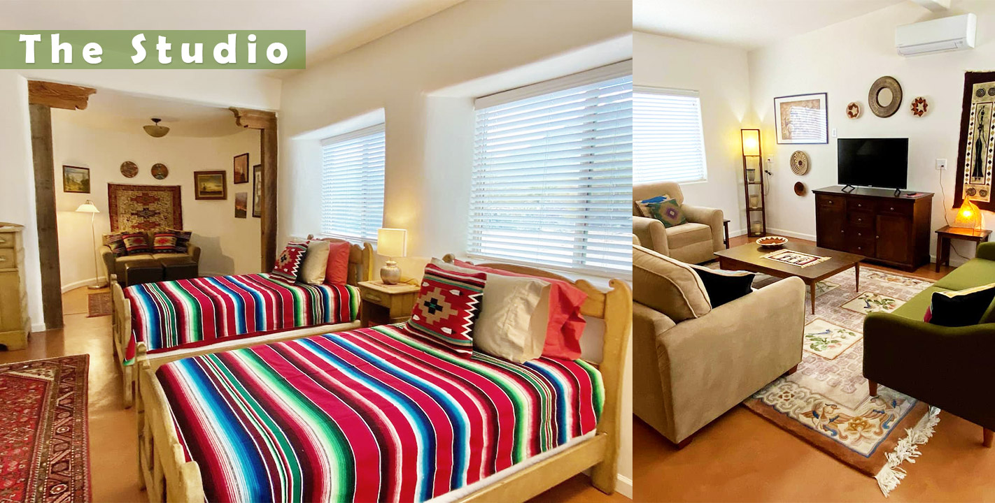 Bedroom and living room spaces in The Strawbale Studio rental at Cat Mountain Lodge