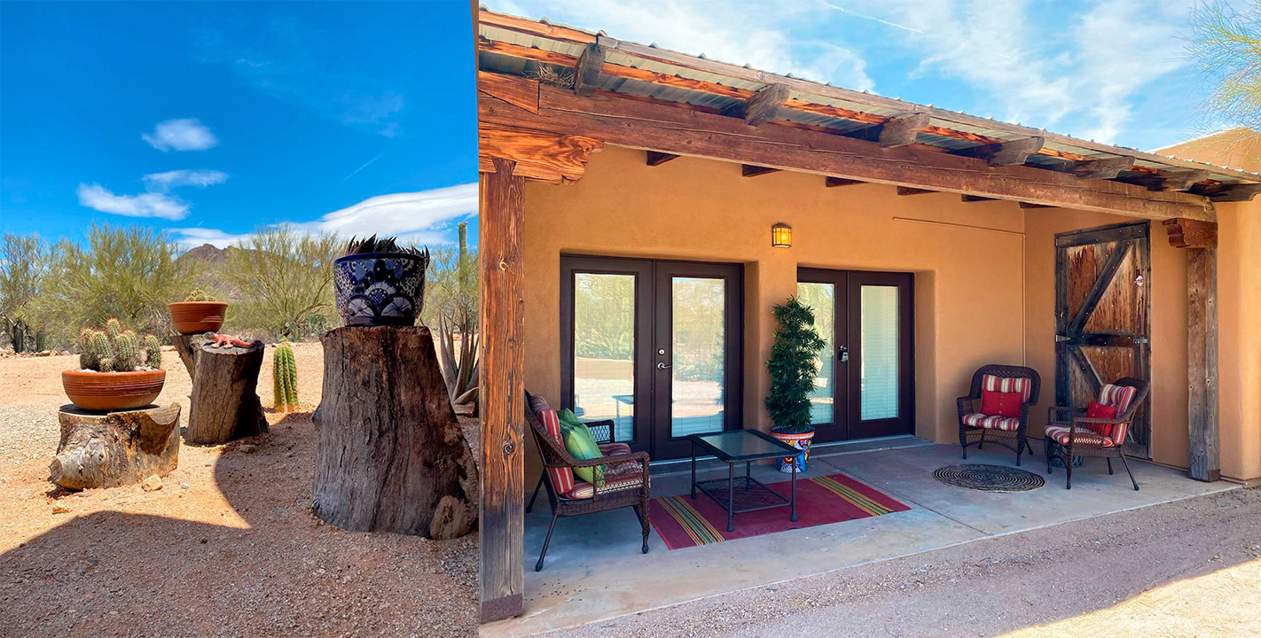 Private outdoor patio and desert mountain views at The Strawbale Studio rental at Cat Mountain Lodge