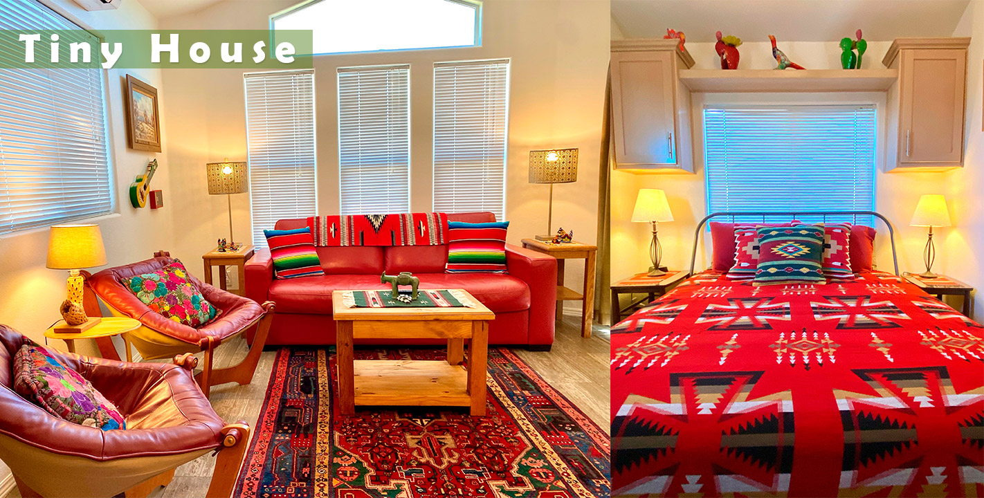 Living room and bedroom spaces in the Tiny House at Cat Mountain Roadside Inn